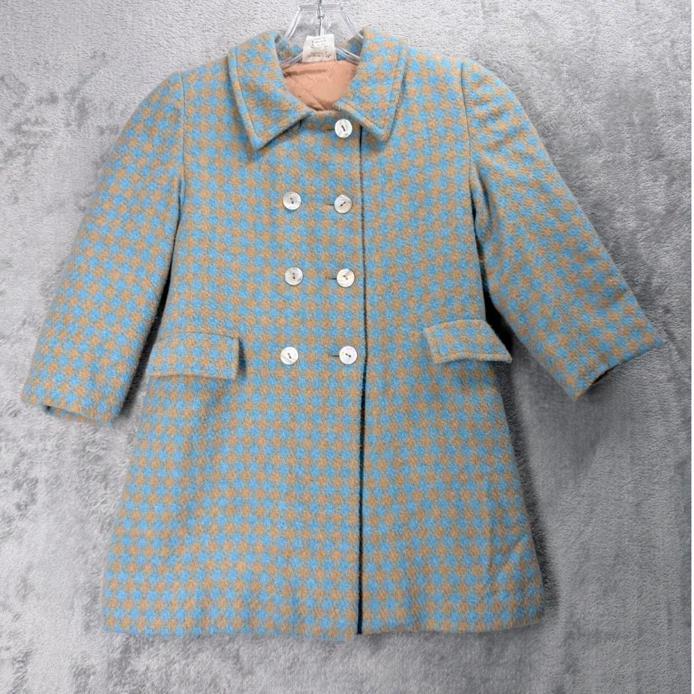 Charabia Paris Coat Girls 4‎ Blue Brown Houndstooth Wool Double Breasted French